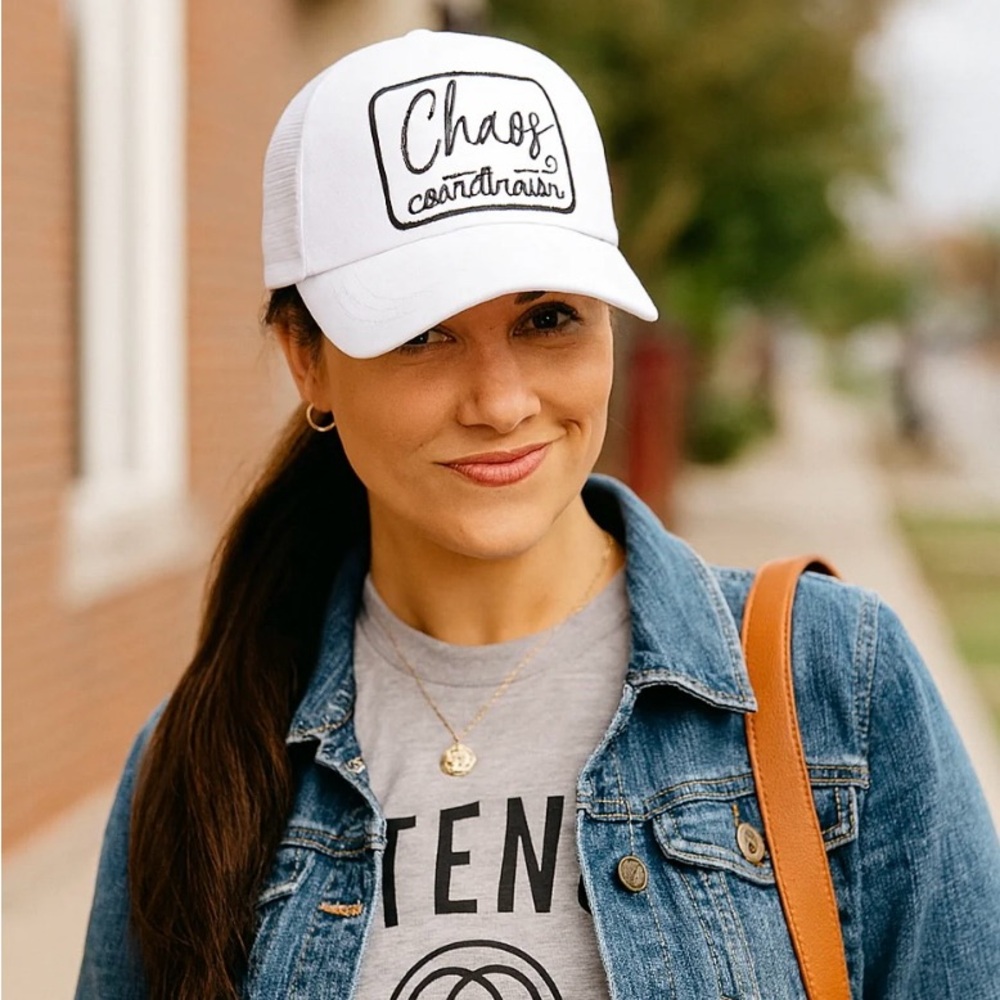 Chaos Coordinator Trucker Hat – Embroidered High Pony Criss Cross🤍
